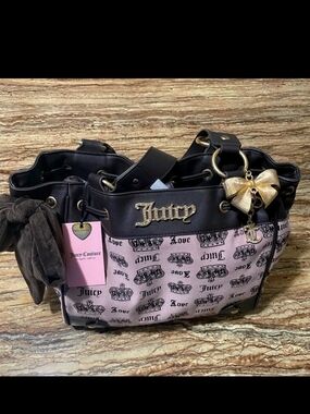 Juicy Couture Pink and Black Logo Drawstring Shoulder Bag with Gold Bow Charm